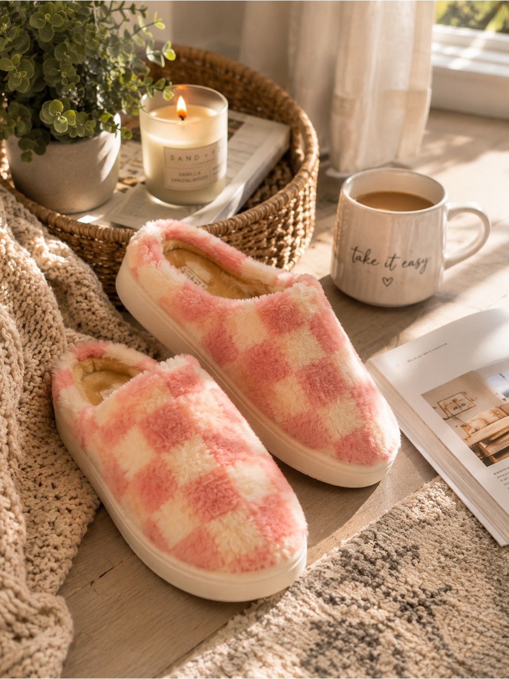 Aeropostale Cozy Plush Slippers Pink Checkered Size S 5/6 NWT